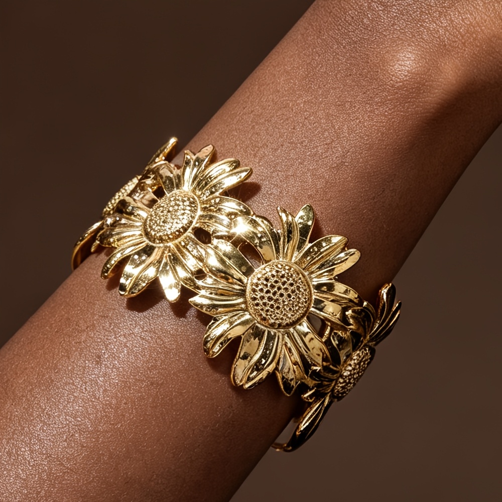 Women's Sunflower Open Bangle, 18K Gold Plated Floral Design